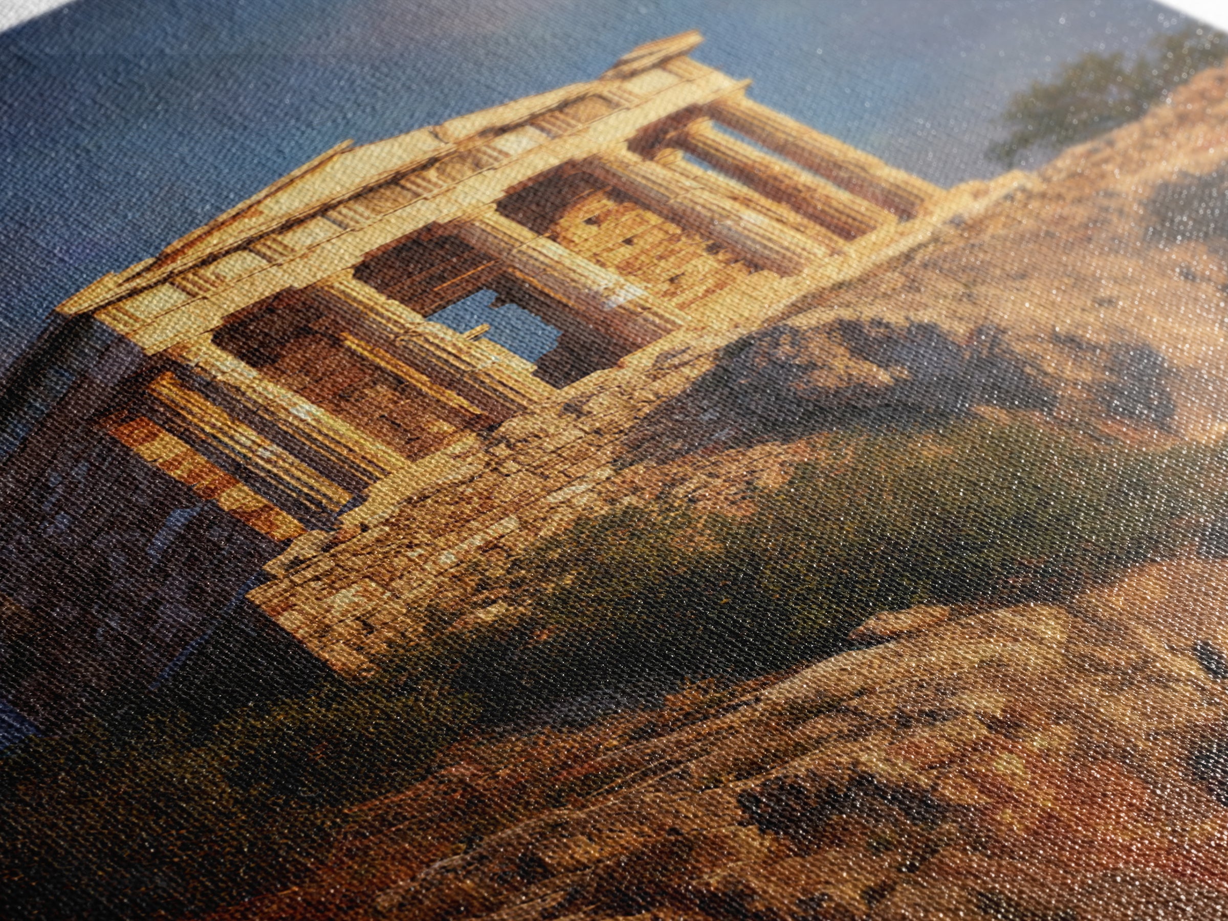 Golden Greek Temple On Rocky Hill Wall Art, Ancient Greece Landscape Painting, Mediterranean Decor, Travel Art Print, Gift For Him
