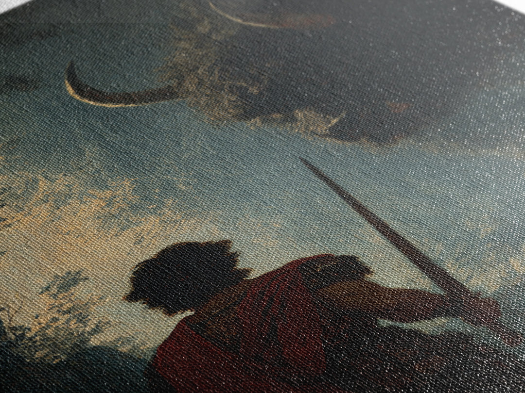 Warrior Facing Shadowed Minotaur Wall Art, Dark Fantasy Oil Painting, Mythological Art Print, Gothic Home Decor Gift For Him
