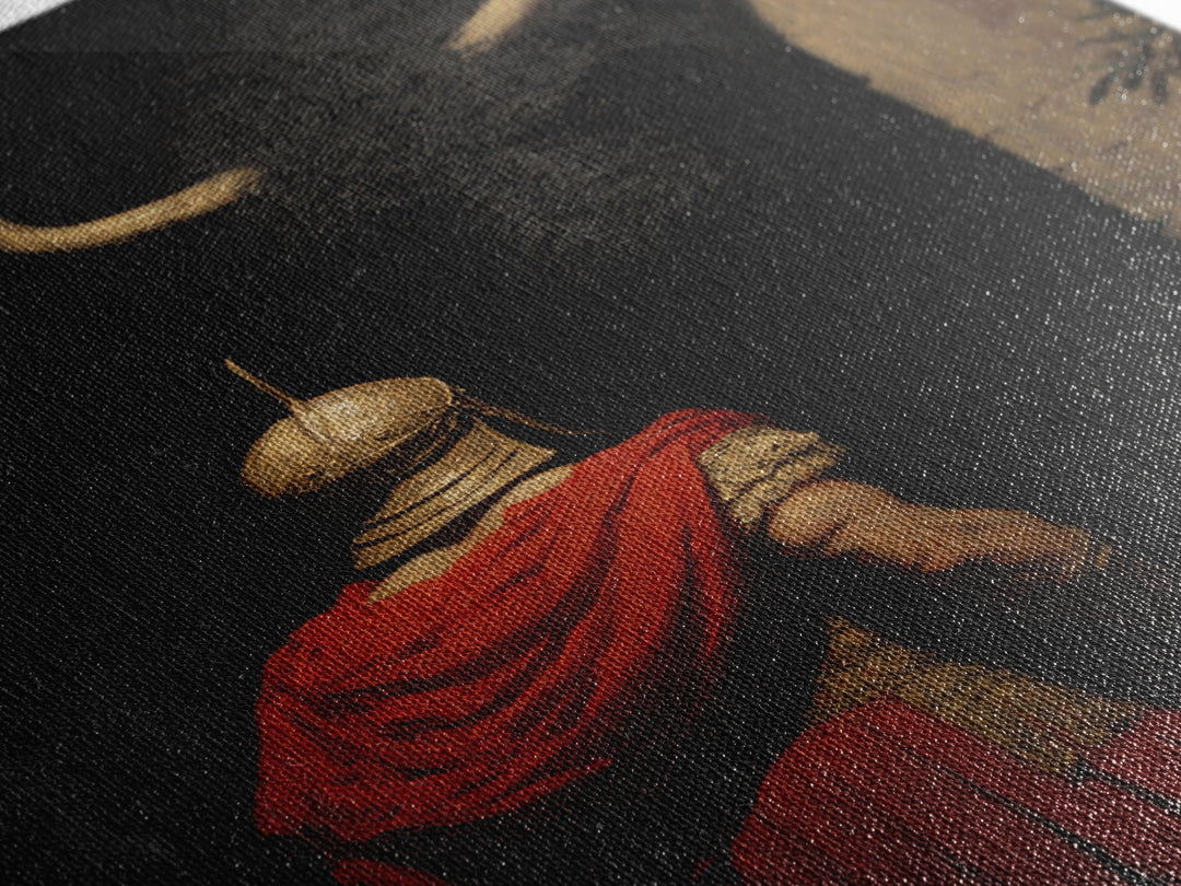 Roman Soldier Facing Shadowed Bull Framed Canvas Print, Mythological Art, Dark Academia Decor, Ancient Classical Wall Art