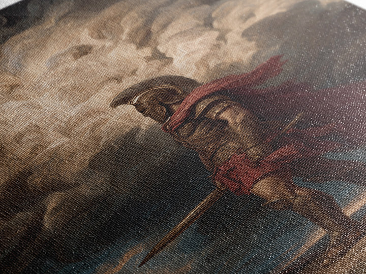 Roman Centurion Under Storm Clouds Framed Canvas Print, Classical Warrior Wall Art, Mythological Decor, Dramatic Office Art