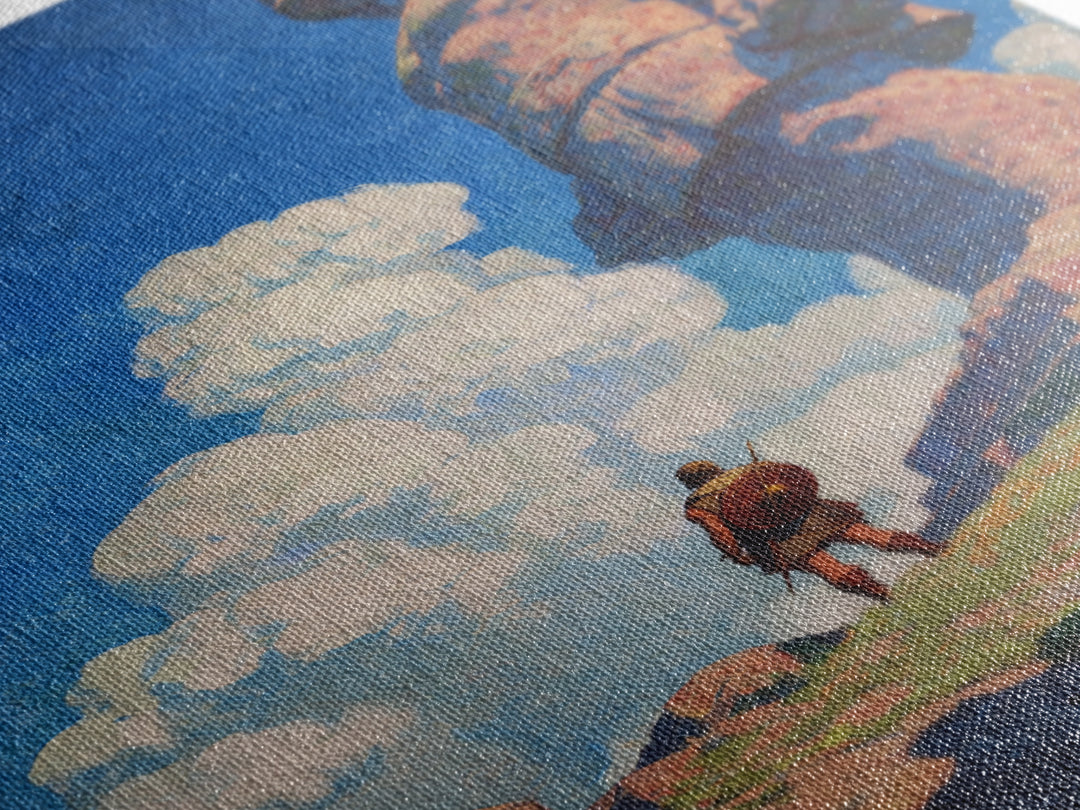 Tiny Warrior Beneath Colossal Stone Giant, Fantasy Wall Art, Mythical Landscape Print, Adventure Decor, Kids Room Art, Unique Gift