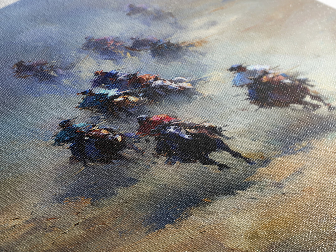 Galloping Cowboys In Dusty Desert Wall Art, Western Horse Racing Painting, Rustic Ranch Decor, Gift For Horse Lover, Living Room Art