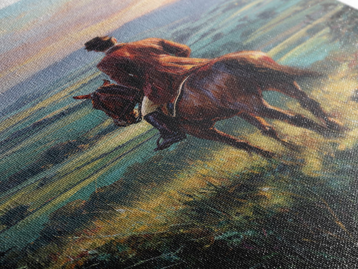 Rider On Horse Over Rolling Countryside Canvas Print, Equestrian Wall Art, Country Landscape Painting, Rustic Home Decor