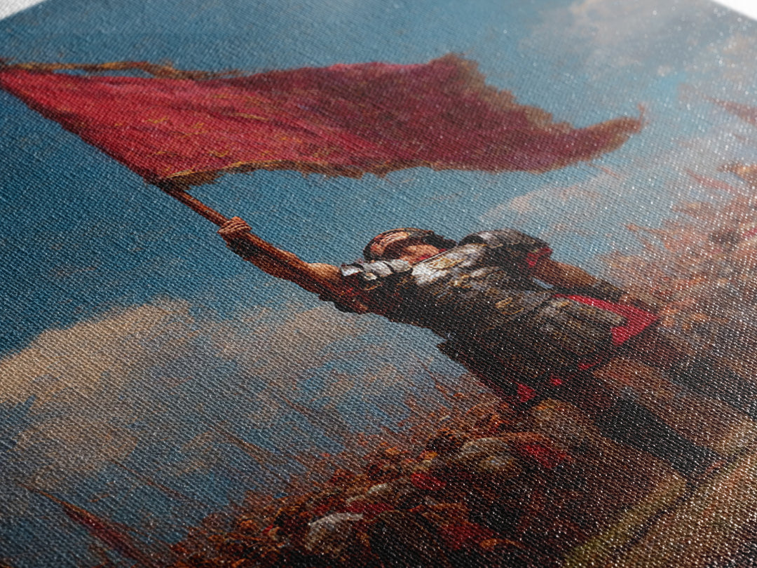 Roman Warrior Raising Red Battle Flag Wall Art, Historical Soldier Canvas, Dramatic Legion Artwork, Gift For Him, Living Room Decor
