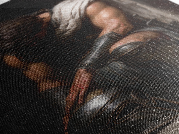 Kneeling Gladiator With Helmet Framed Canvas Print, Roman Warrior Oil Painting, Dark Academia Wall Art, Masculine Decor Gift