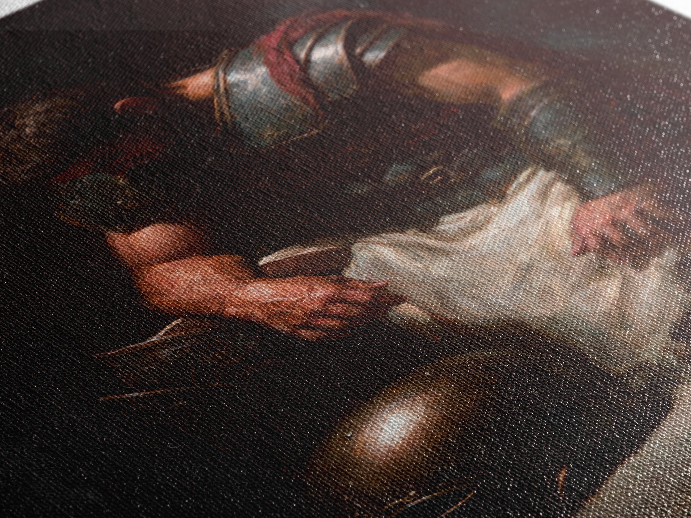 Kneeling Roman Soldier With Bronze Helmet Canvas Print, Dark Academia Wall Art, Moody Historical Warrior Art Decor, Gift For Him