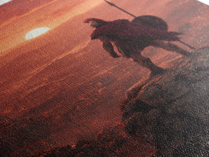 Spartan Warrior At Red Sunset, Epic Landscape Wall Art, Greek Soldier Canvas Print, Masculine Office Decor, Gift For Him