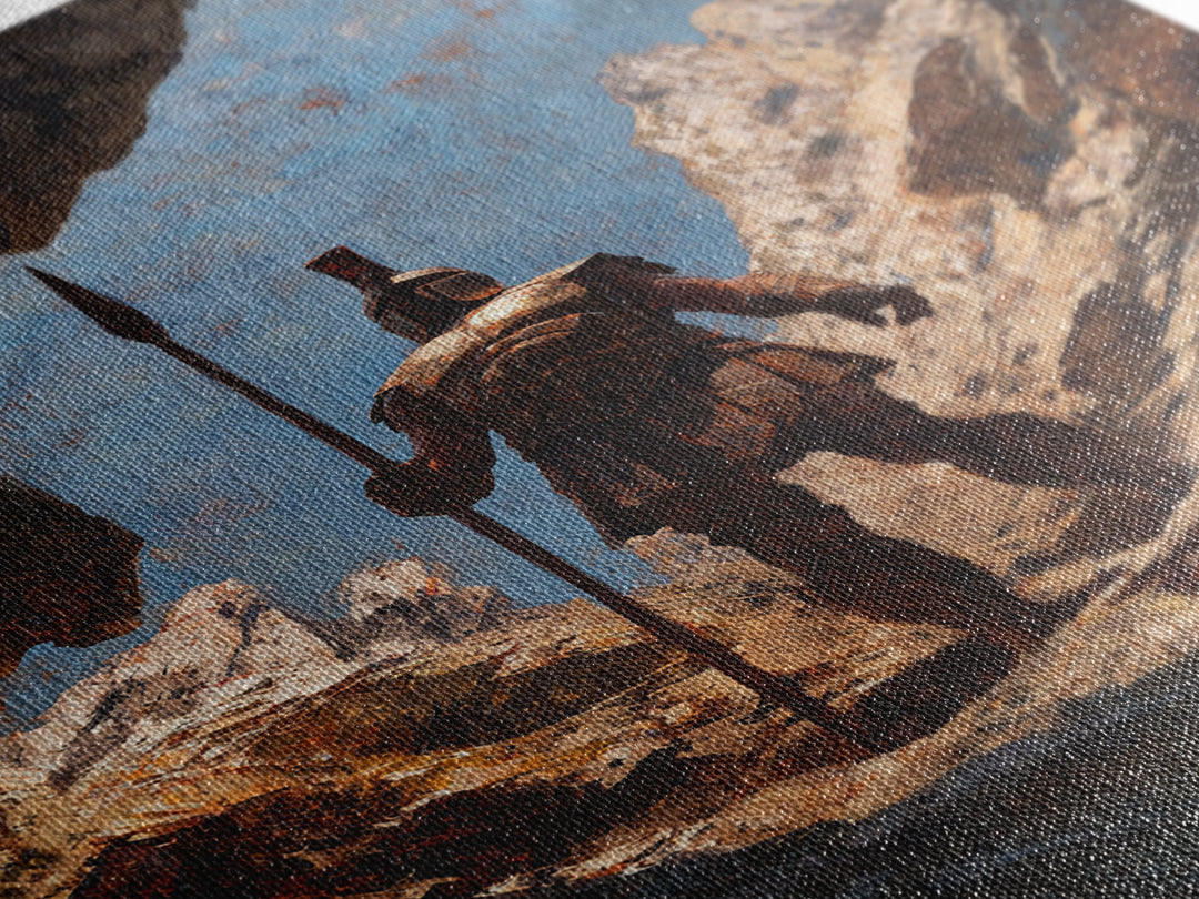 Spartan Warrior In Mountain Cave Framed Canvas Print, Ancient Greek Wall Art, Fantasy Adventure Decor, Gift For Him, Office Decor