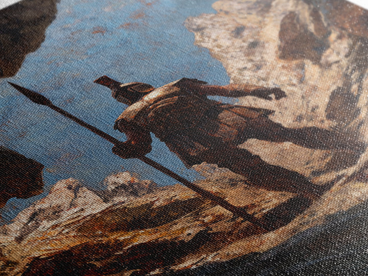 Spartan Warrior In Mountain Cave Framed Canvas Print, Ancient Greek Wall Art, Fantasy Adventure Decor, Gift For Him, Office Decor