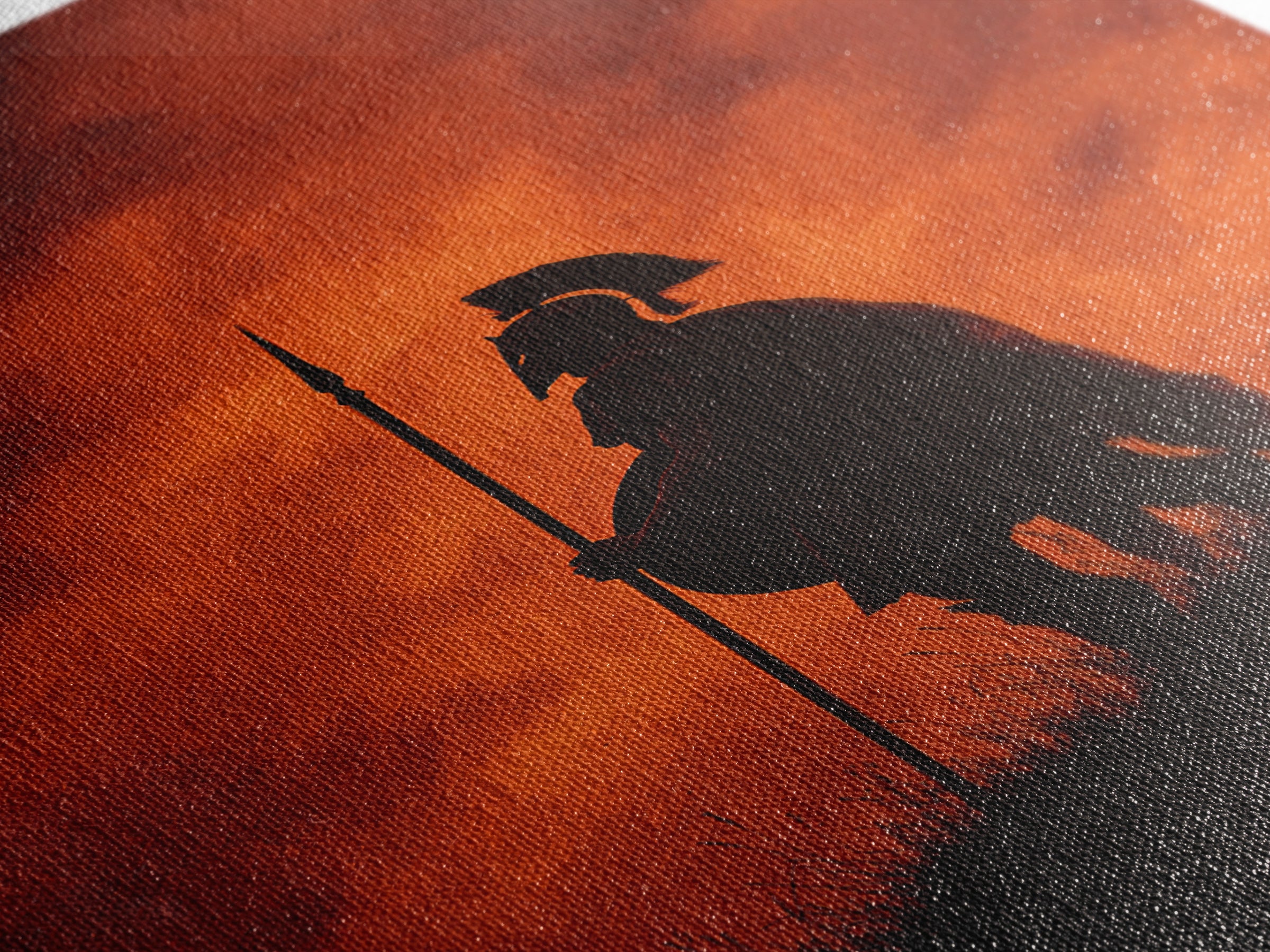 Spartan Silhouette At Red Sunset Wall Art, Ancient Warrior Canvas Print, Dramatic Battle Painting, Masculine Decor Gift For Him