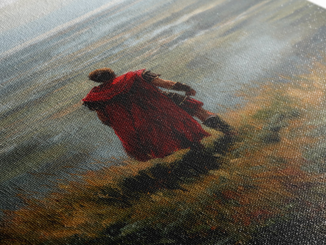 Roman Soldier In Red Cape Over Misty Valley Wall Art, Historical Landscape Painting, Moody Warrior Art Decor, Gift For Him