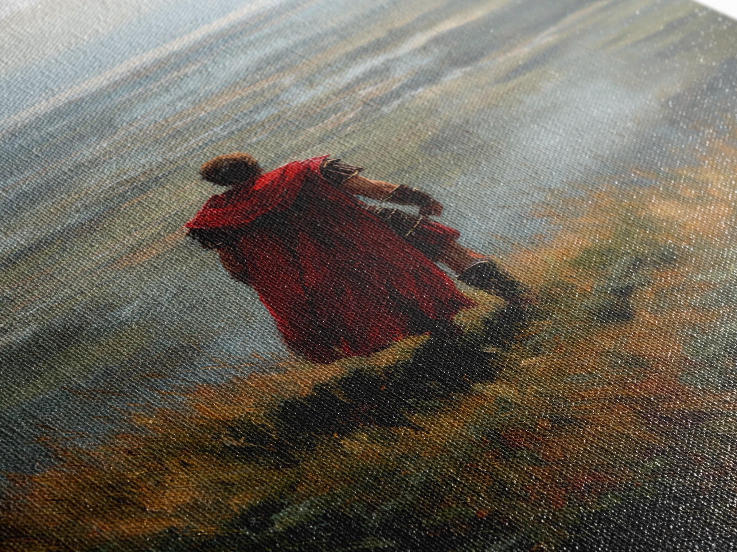 Roman Soldier In Red Cape Over Misty Valley Wall Art, Historical Landscape Painting, Moody Warrior Art Decor, Gift For Him