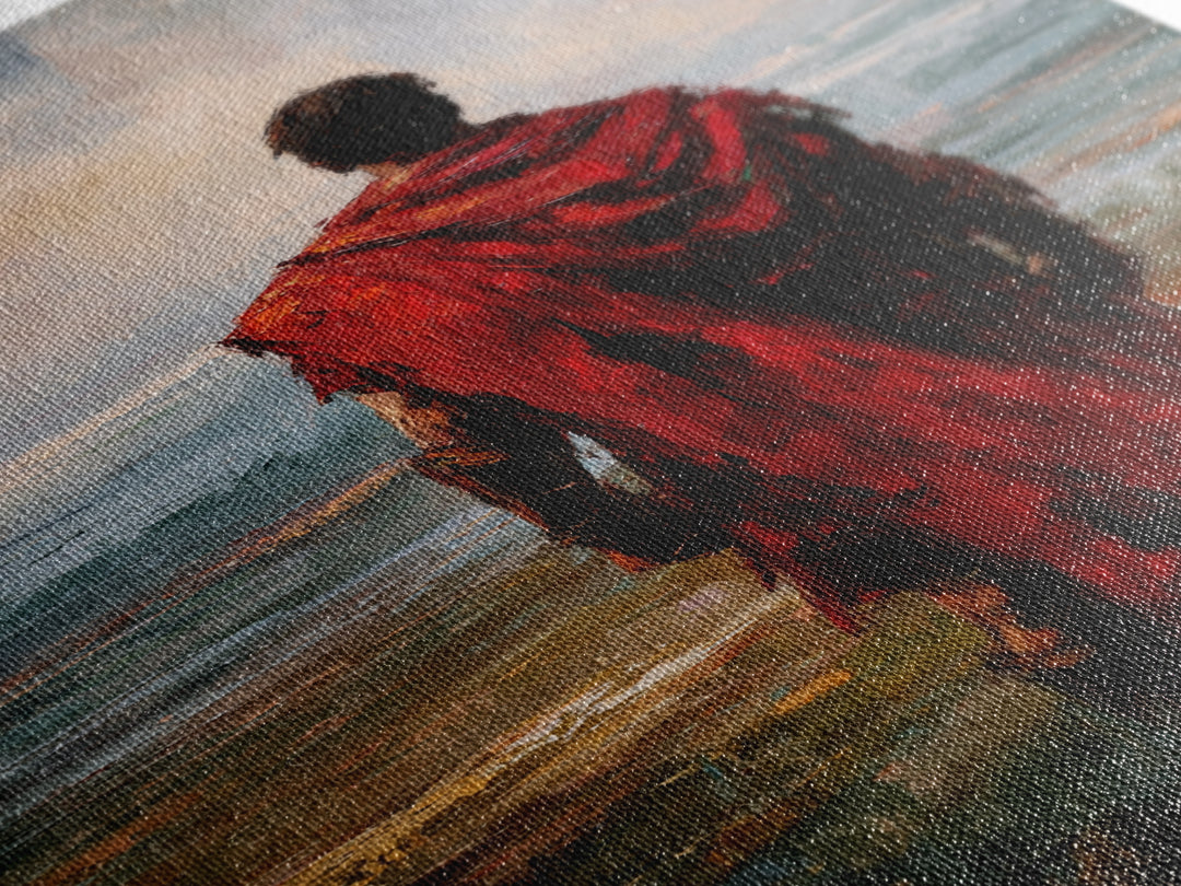Red Cloaked Warrior Gazing At Sea Canvas Print, Moody Seascape Oil Painting, Roman Wall Art, Masculine Living Room Decor