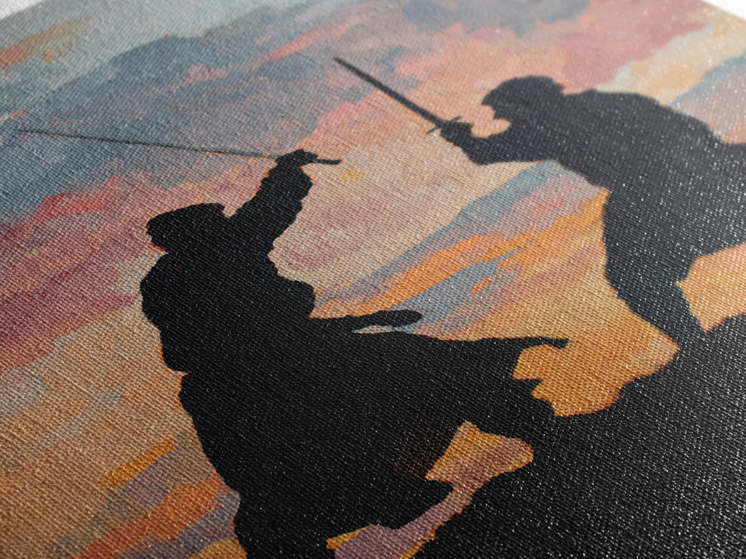 Samurai Sword Duel At Sunset Wall Art, Dramatic Warrior Canvas Print, Japanese Battle Decor, Martial Arts Gift For Him, Dojo Decor
