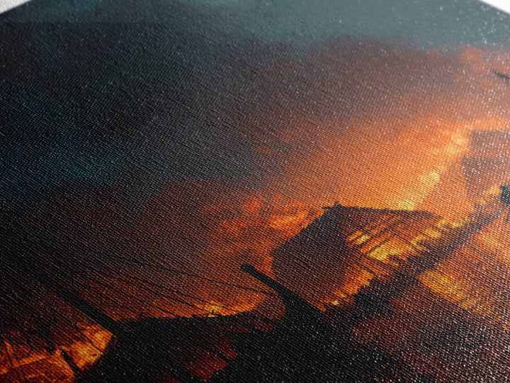 Burning Viking Harbor At Night Wall Art, Nordic Village Canvas Print, Dark Fantasy Decor, Moody Seascape Living Room Art
