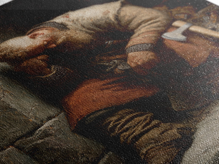 Exhausted Medieval Blacksmith Sleeping By Stone Wall, Canvas Print, Rustic Wall Art, Historical Portrait, Workshop Decor