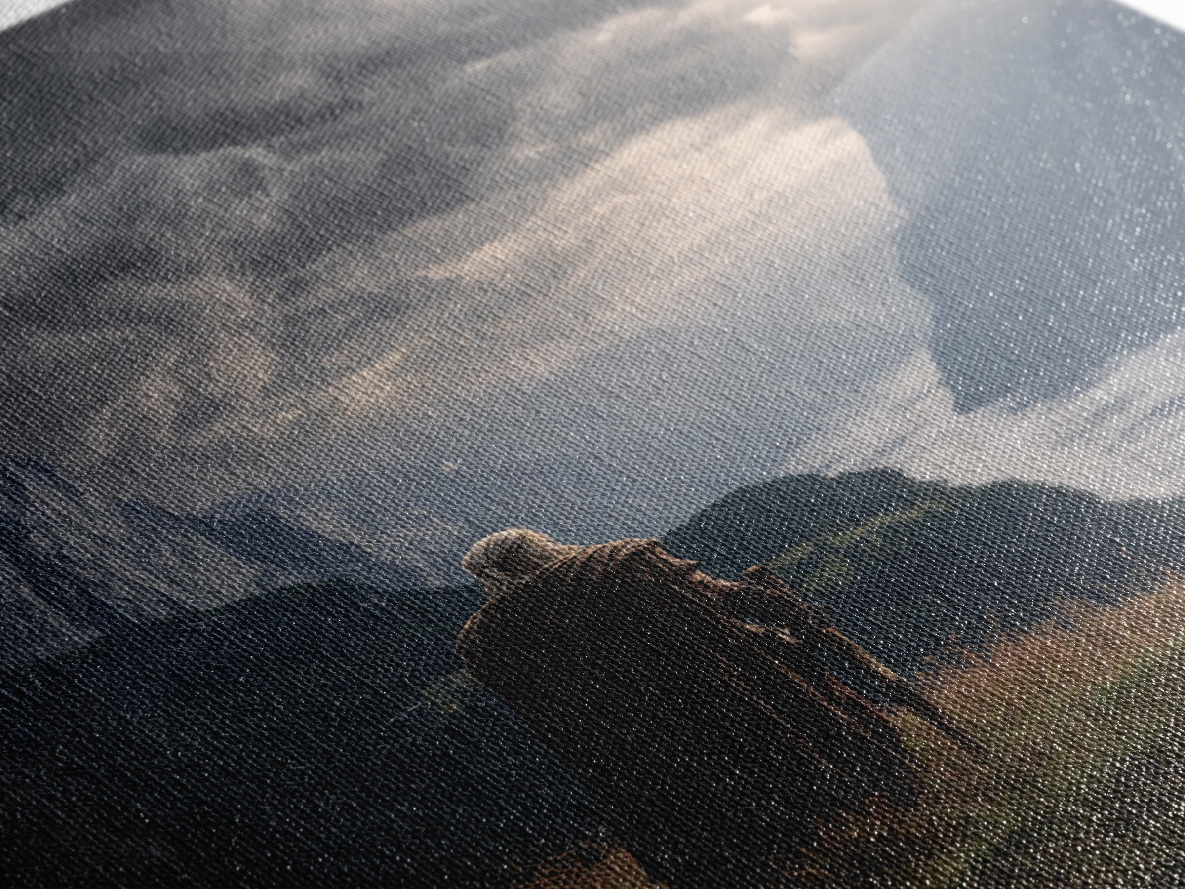 Cloaked Warrior Over Stormy Fjord Wall Art, Epic Nordic Landscape Canvas Print, Dark Academia Decor, Mountain Art Living Room Decor
