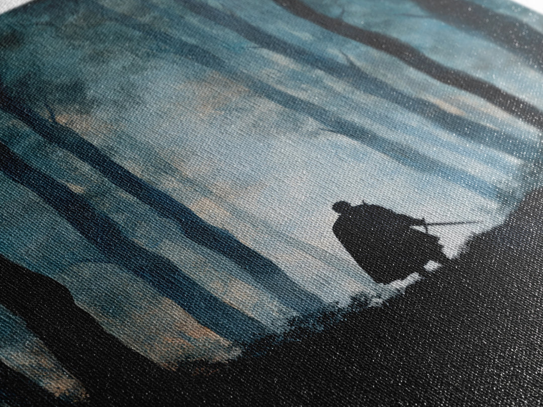 Lone Warrior In Misty Blue Forest Wall Art, Dark Fantasy Canvas Print, Moody Woodland Decor, Medieval Adventure Gift For Him