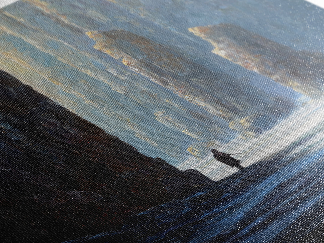 Lone Figure Among Blue Sea Cliffs Canvas Print, Moody Coastal Landscape Art, Fantasy Wall Decor, Modern Home Decor For Office
