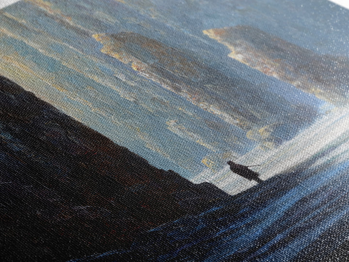 Lone Figure Among Blue Sea Cliffs Canvas Print, Moody Coastal Landscape Art, Fantasy Wall Decor, Modern Home Decor For Office