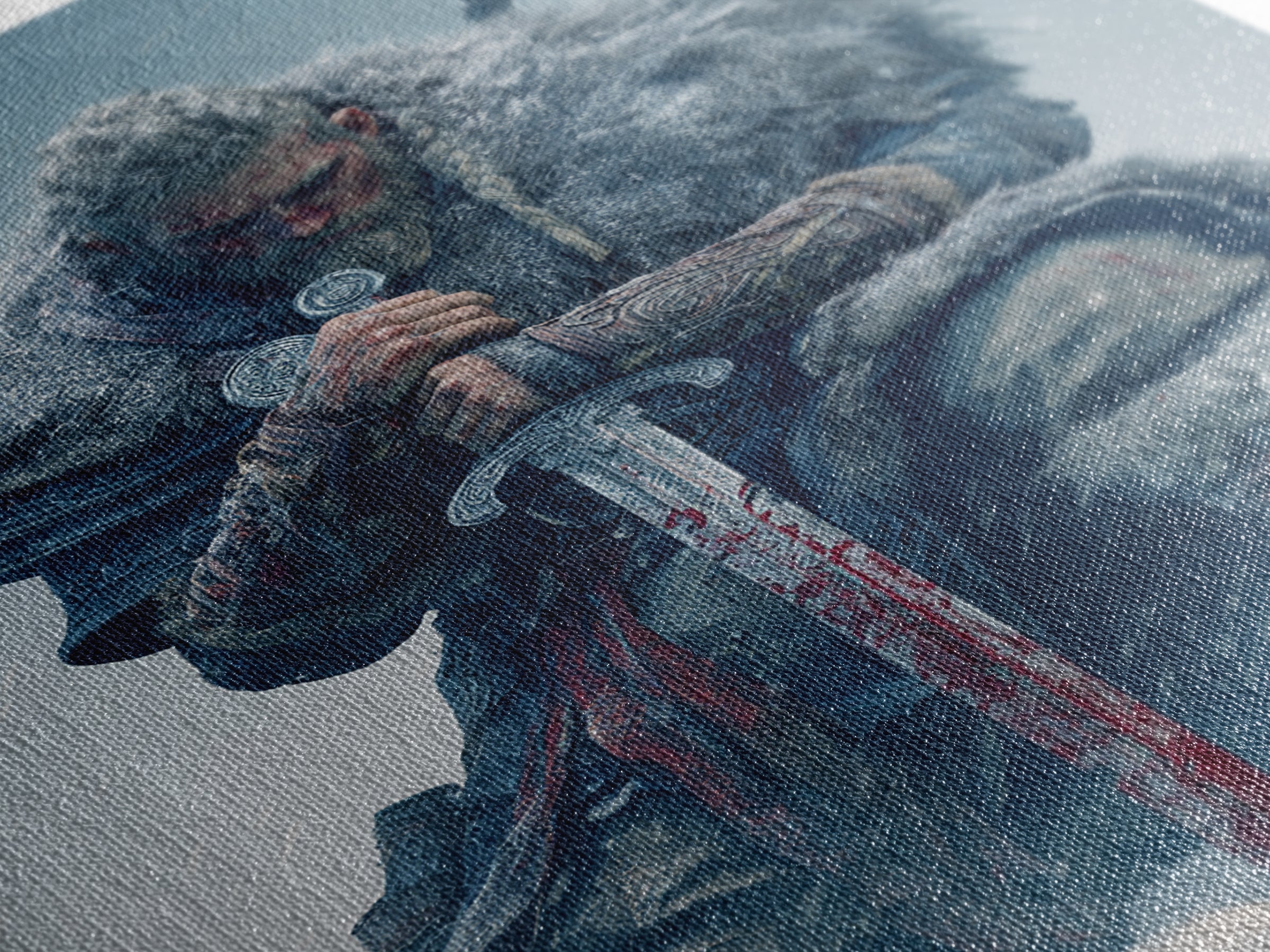 Snowbound Viking Warrior With Bloodied Sword Framed Canvas Print, Norse Wall Art, Masculine Dark Fantasy Decor, Gift For Him