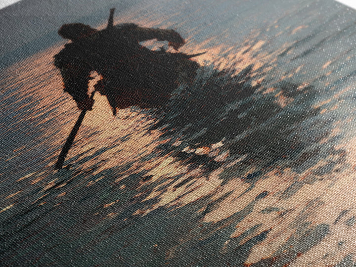 Lone Warrior Wading Through Sunset Sea Wall Art, Moody Seascape Canvas Print, Coastal Fantasy Large Living Room And Office Decor
