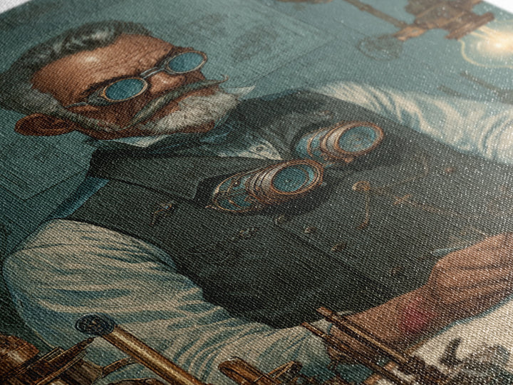 Steampunk Inventor Portrait With Goggles Wall Art, Industrial Office Decor, Science Art Print, Unique Gift For Him, Home Decor