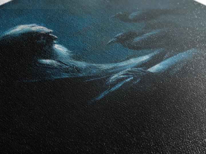 Elder With Ravens In Moody Blue Shadows Wall Art, Gothic Dark Academia Canvas Print For Living Room Decor And Unique Gift