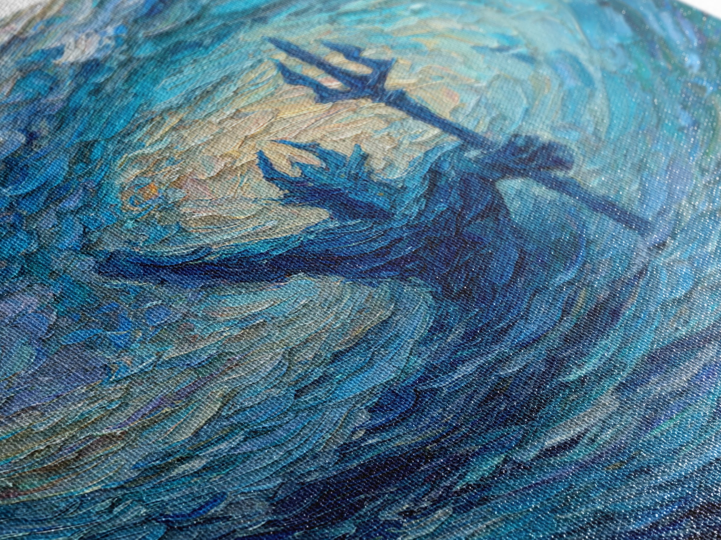 Sea God With Trident In Turquoise Wave Canvas Print, Poseidon Ocean Wall Art For Coastal Living Room Decor And Mythology Art Gift