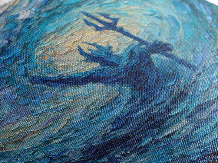 Sea God With Trident In Turquoise Wave Canvas Print, Poseidon Ocean Wall Art For Coastal Living Room Decor And Mythology Art Gift