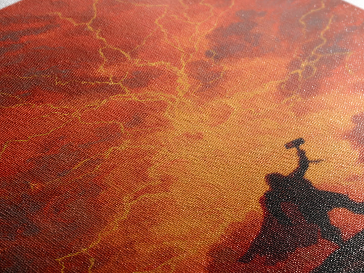 Thor Hammer Lightning Wall Art, Norse Mythology Storm Painting, Dramatic Red Sky Canvas Decor For Fantasy Home Office Gift