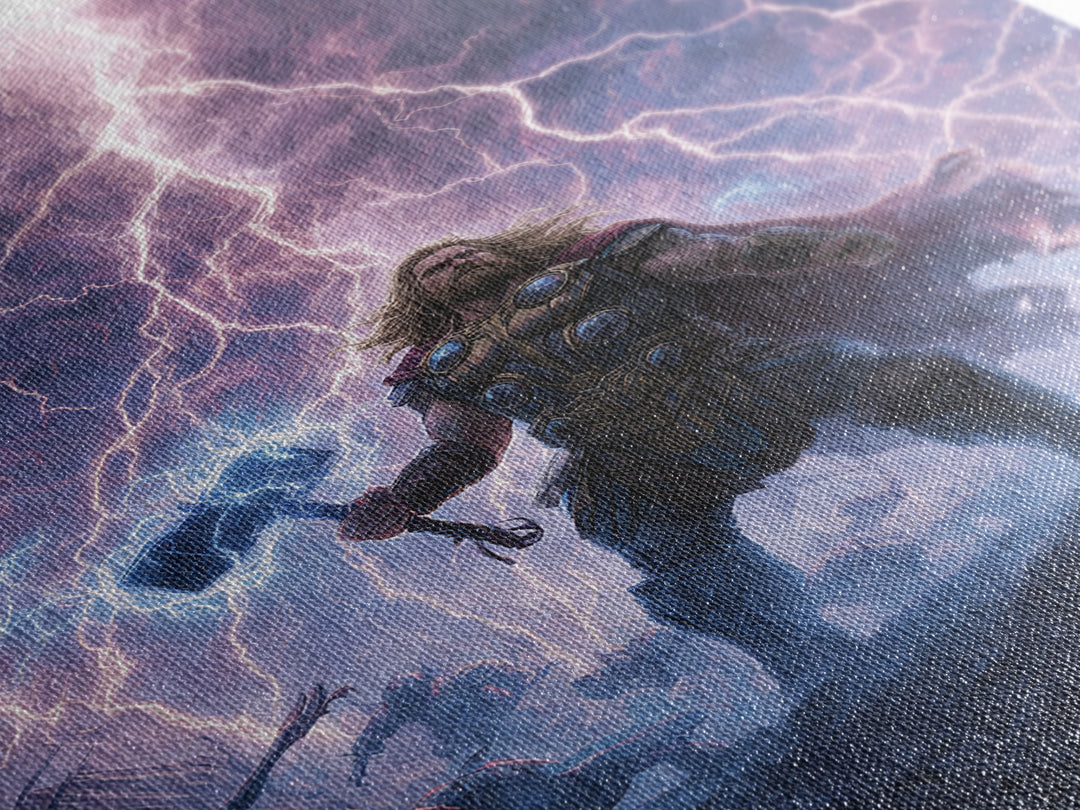 Thunder Warrior With Hammer In Lightning Storm Wall Art, Norse Mythology Canvas Print, Viking Decor, Epic Fantasy Gift For Him