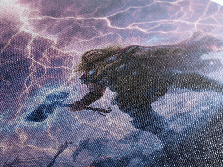 Thunder Warrior With Hammer In Lightning Storm Wall Art, Norse Mythology Canvas Print, Viking Decor, Epic Fantasy Gift For Him