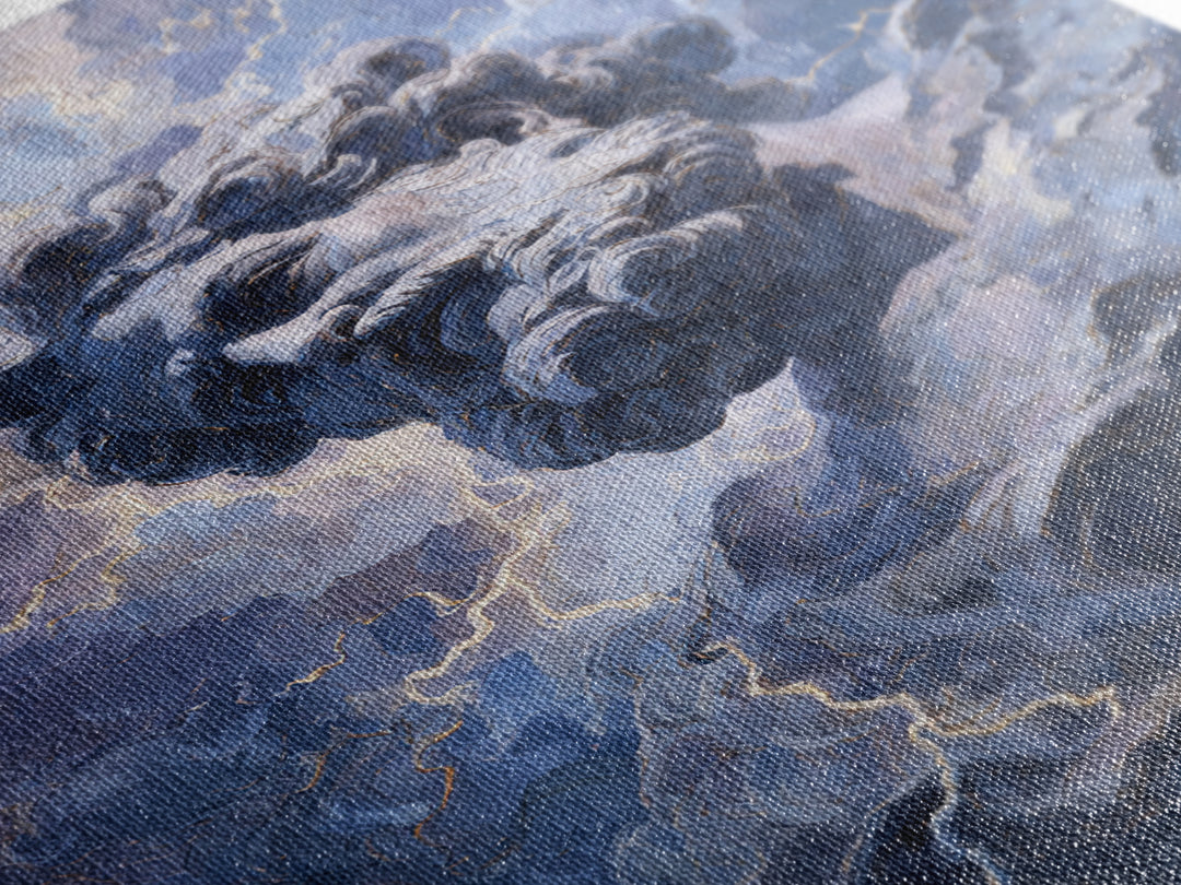 Classical Marble God In Thunder Clouds Framed Canvas Print, Mythology Wall Art, Dramatic Storm Decor, Dark Academia Gift
