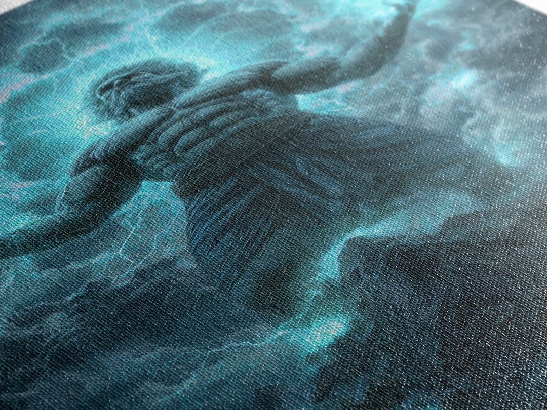 Titan Storm God Above Mountains Wall Art, Mythological Lightning Canvas Print, Fantasy Landscape Decor, Powerful Gift For Him