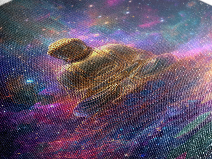 Colorful Glowing Golden Buddha In Cosmic Space Spiritual Wall Art Framed Canvas Print For Home