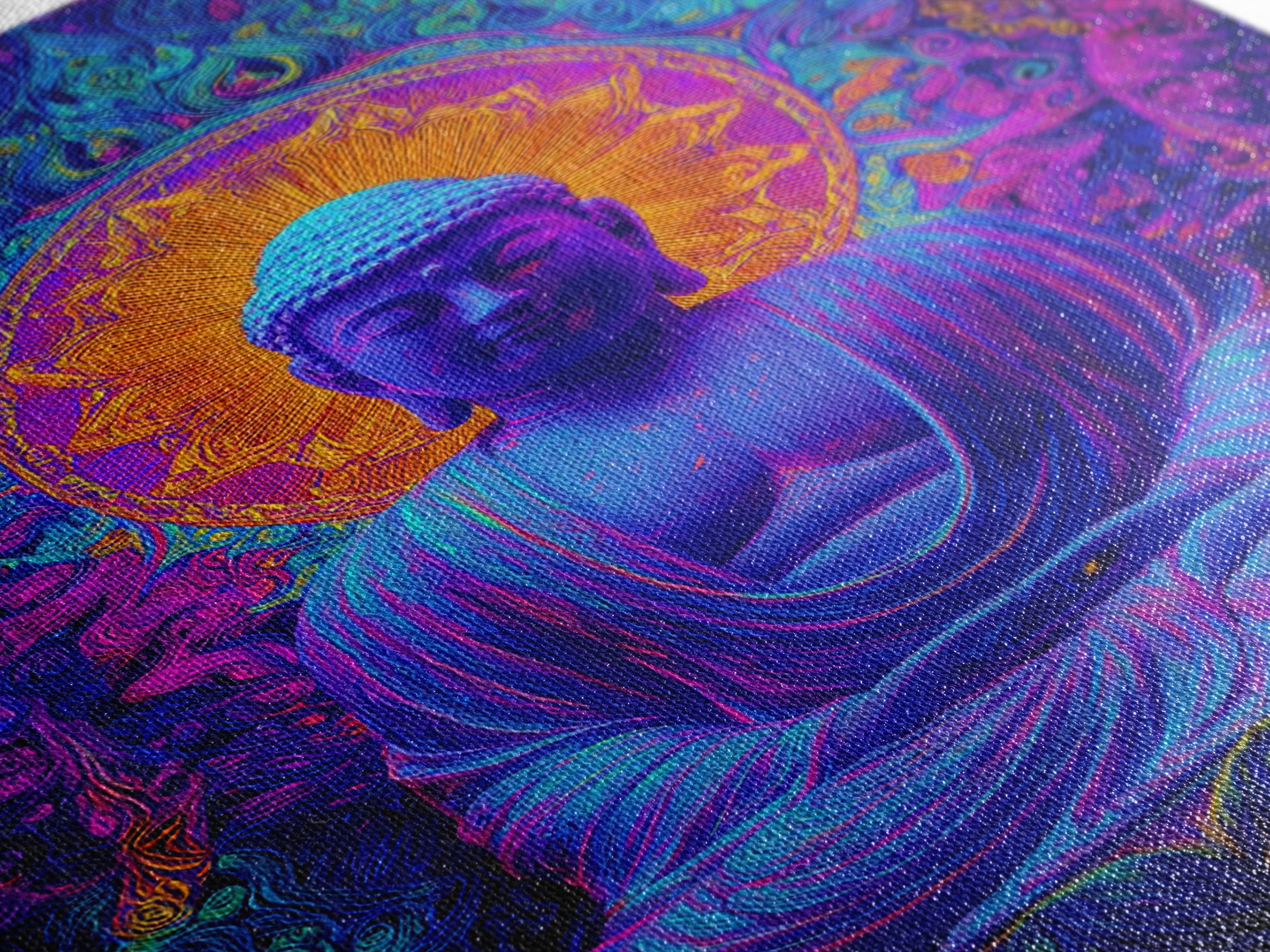 Vibrant Psychedelic Buddha Meditation Digital Painting Modern Wall Art Framed Canvas Print Spiritual Decor