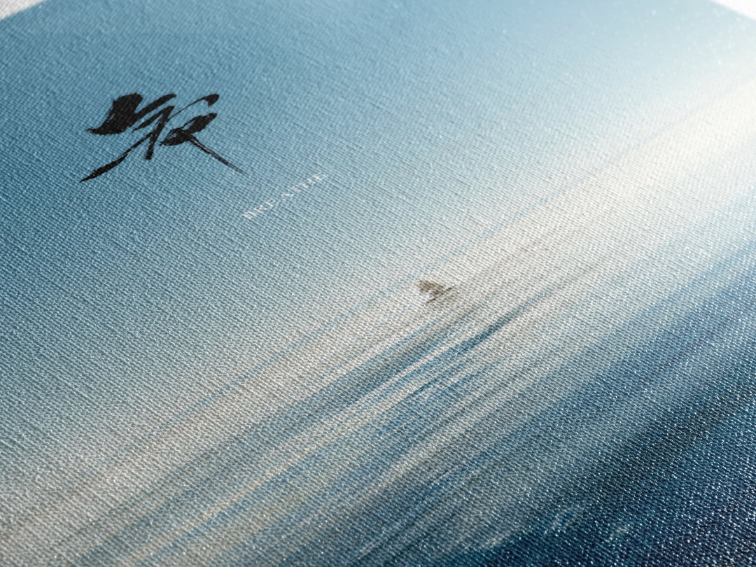 Calming Ocean Minimalist Digital Painting With Japanese Calligraphy Wall Art Modern Canvas Print For Bedroom Decor