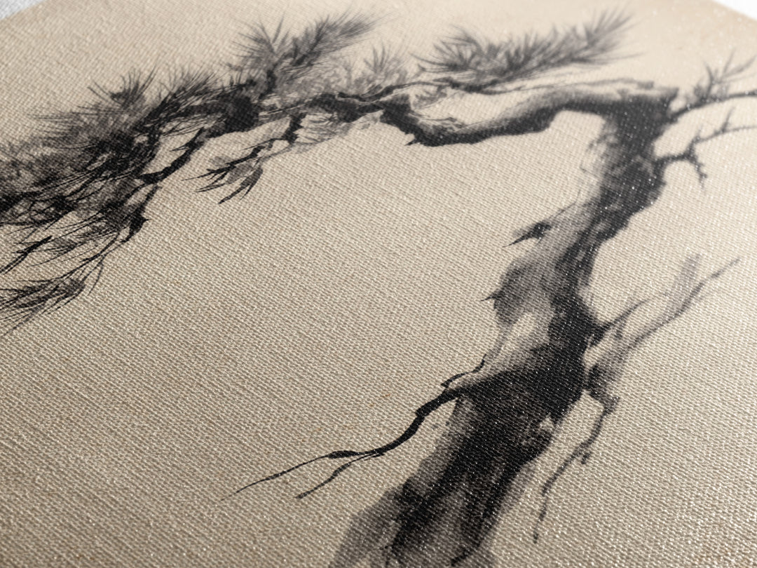 Elegant Black Ink Brush Style Bonsai Tree On Textured Natural Paper Minimalist Botanical Wall Art Print