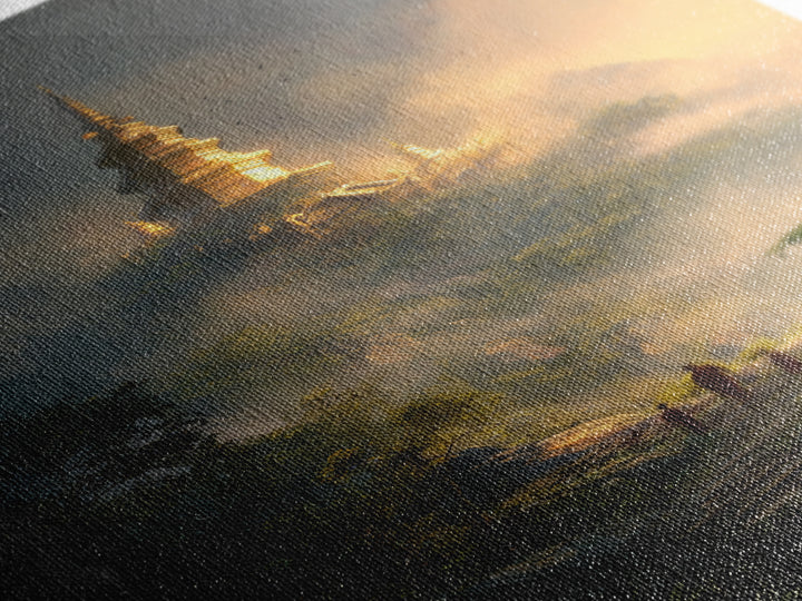 Mystical Misty Mountain Temple Landscape Wall Art Canvas Print For Spiritual Home Decor And Calming Living Room Decoration