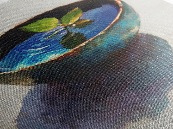 Rustic Blue Pottery Bowl With Leaf Reflection Oil Painting Framed Canvas Print For Home Decor And Wall Art