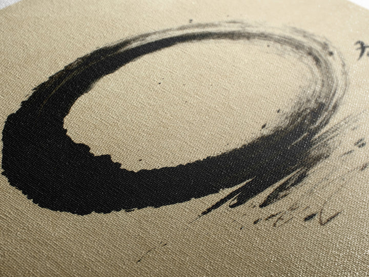Elegant Minimalist Black Ink Enso Circle With Japanese Calligraphy Wall Art Print Framed Canvas Print For Modern Home Decor