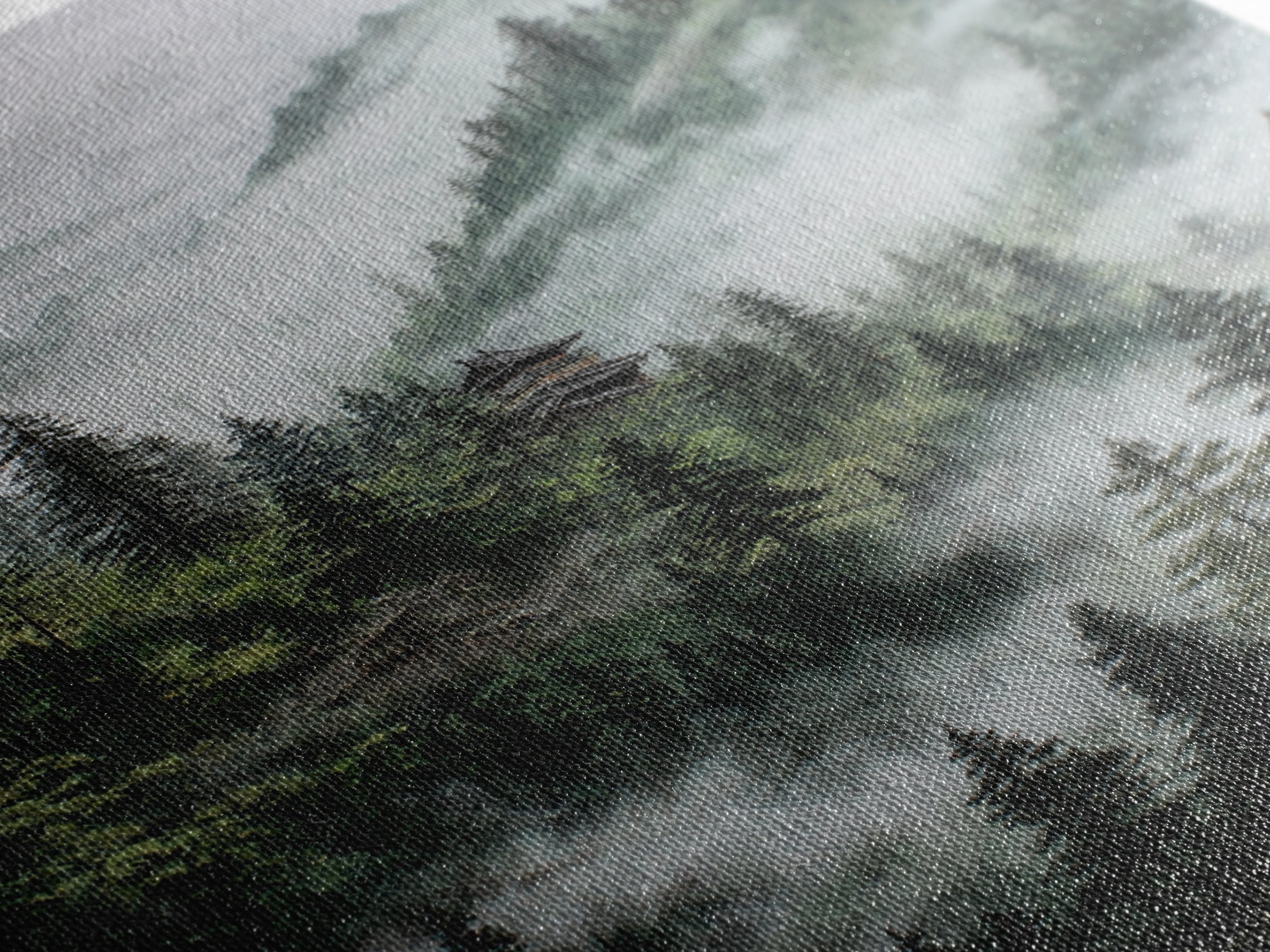 Mist Covered Mountain Landscape With Pine Trees And Hidden Cabin In The Forest Wall Art For Rustic Home Decor Canvas Print