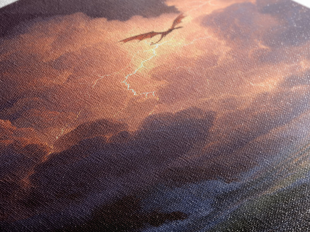 Storm Dragon Over Lightning Seas Wall Art Fantasy Seascape Canvas Print For Gothic Decor Dragon Art And Moody Coastal Room