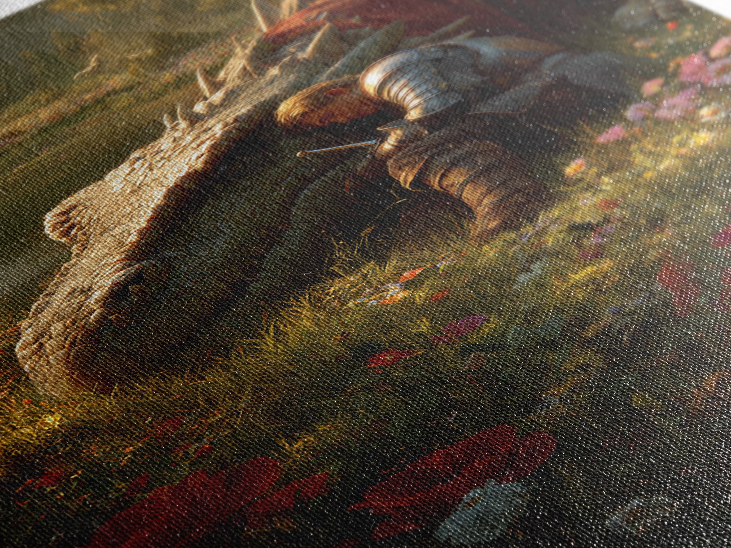Sleeping Knight Beside Ancient Dragon Wall Art Fantasy Floral Meadow Canvas Print For Medieval Home Decor And Gift For Her