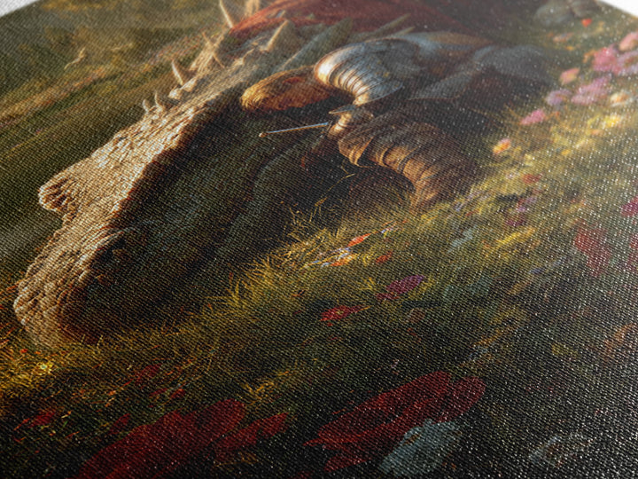 Sleeping Knight Beside Ancient Dragon Wall Art Fantasy Floral Meadow Canvas Print For Medieval Home Decor And Gift For Her