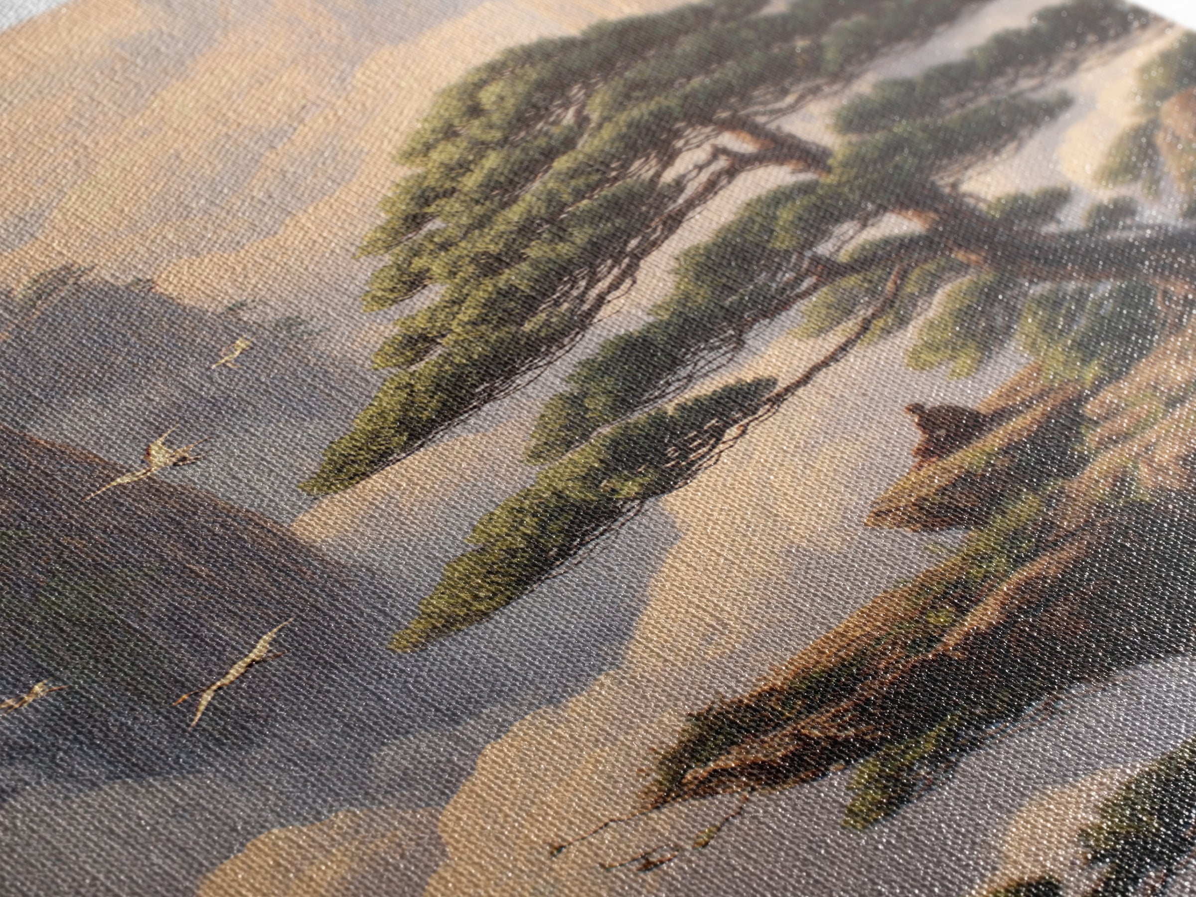Meditative Man On Cliff Surrounded By Pines And Birds In Misty Mountains Wall Art Print For Tranquil Home Decor
