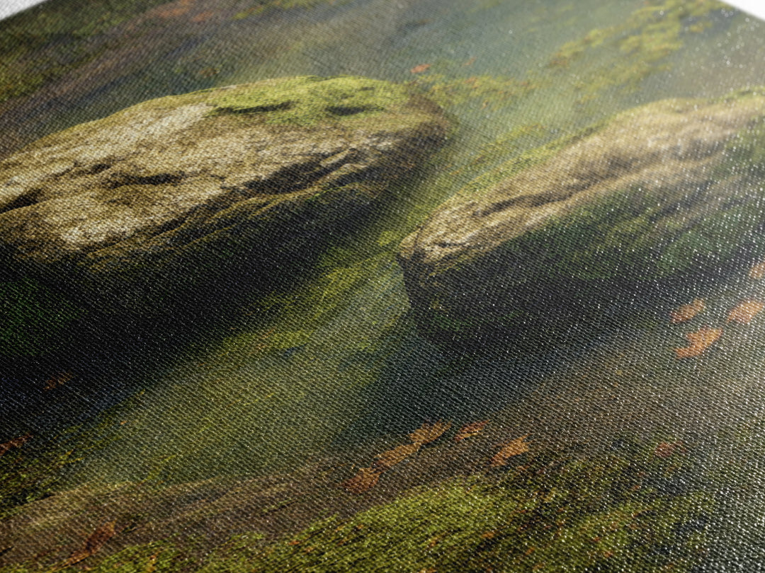 Peaceful Moss Covered Rocks In Quiet Woodland Stream Nature Wall Art Canvas Print For Calming Home Decor