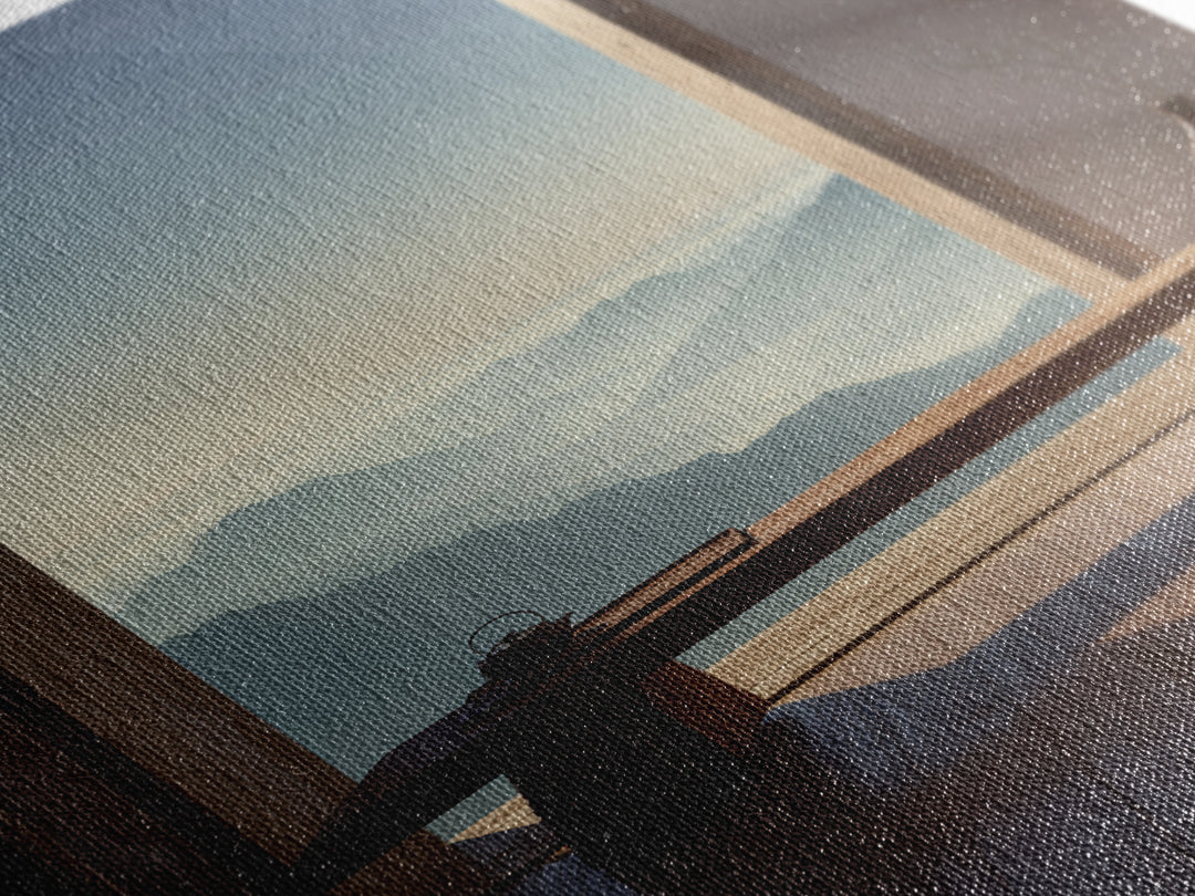 Serene Mountain Landscape from Window View Wall Art Canvas Print for Calm Minimalist Home and Office Decor
