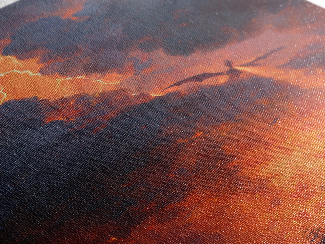 Fire Breathing Dragon Over Burning Battlefield Wall Art Epic Fantasy Canvas Print For Medieval Decor Gothic Game Room Wall Decor